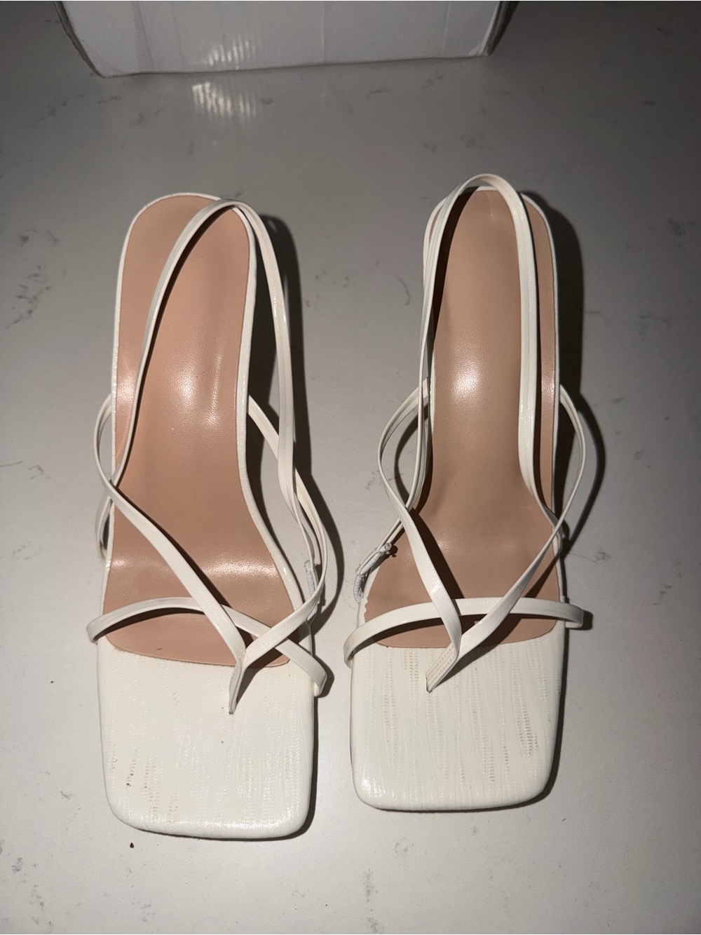 White Strappy Square-Toe Slingback Heels